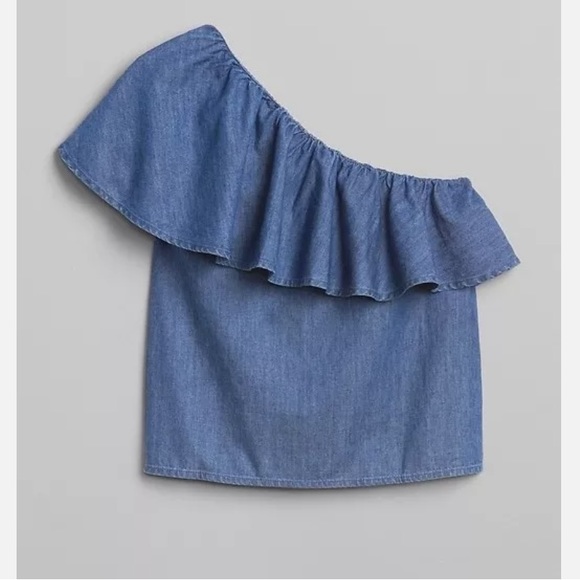 Gap One-Shoulder Blue denim Ruffle Top (Medium Wash) Size X-Small - Picture 2 of 7